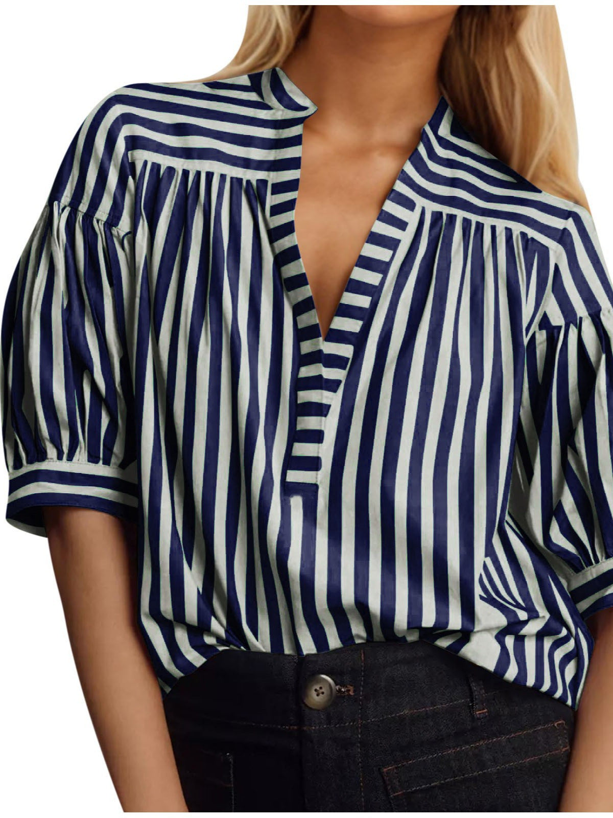Women Fashion Casual Stripe Stitching V-Neck Long-Sleeve Blouse