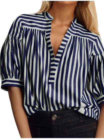 Women Fashion Casual Stripe Stitching V-Neck Long-Sleeve Blouse