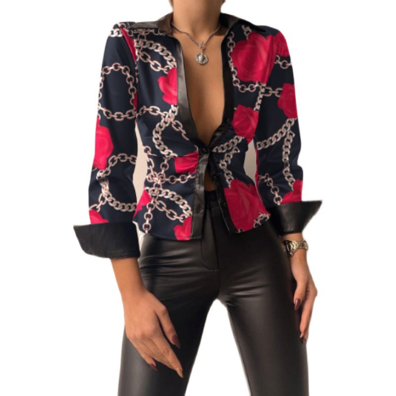 Women Fashion Casual Lapel V-Neck Long Sleeve Stitching Blouse