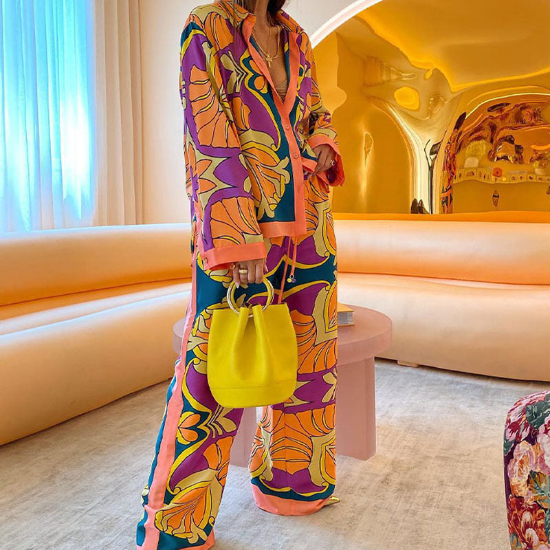 Women Fashion Casual Printing Long Sleeve Shirt Blouse Trousers Ethnic Style Suit