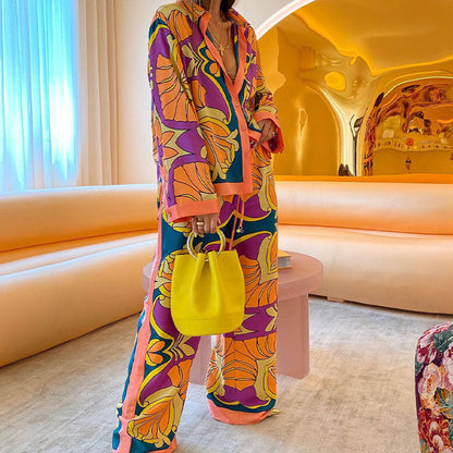 Women Fashion Casual Printing Long Sleeve Shirt Blouse Trousers Ethnic Style Suit