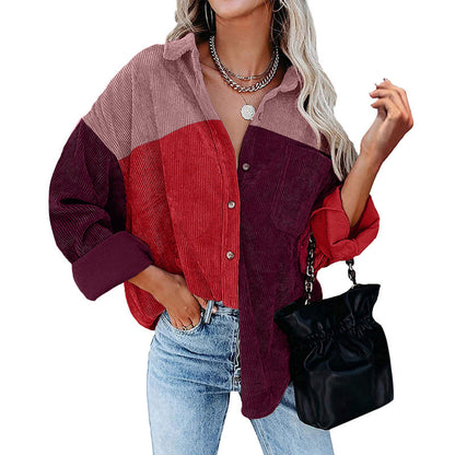 Women Casual Color Blocking Long Sleeve Lapel Single-breasted Patchwork Blouse