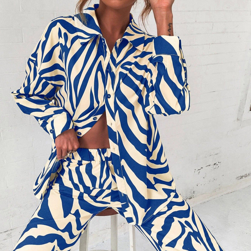 Women Fashion Casual Stripe Print Long Sleeve Blouse Pants Set