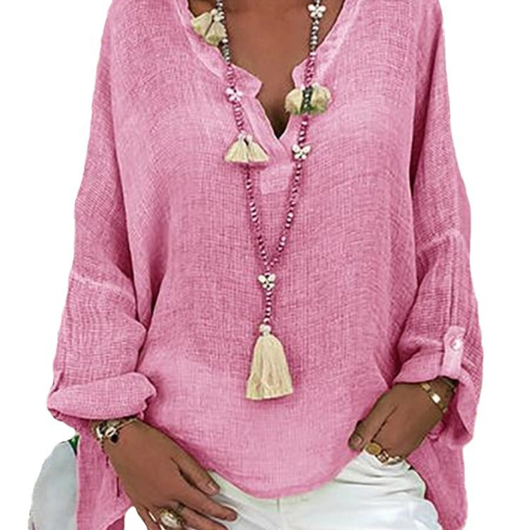 Plus Size Solid Long Sleeve Women Loose Casual V Neck Blouse