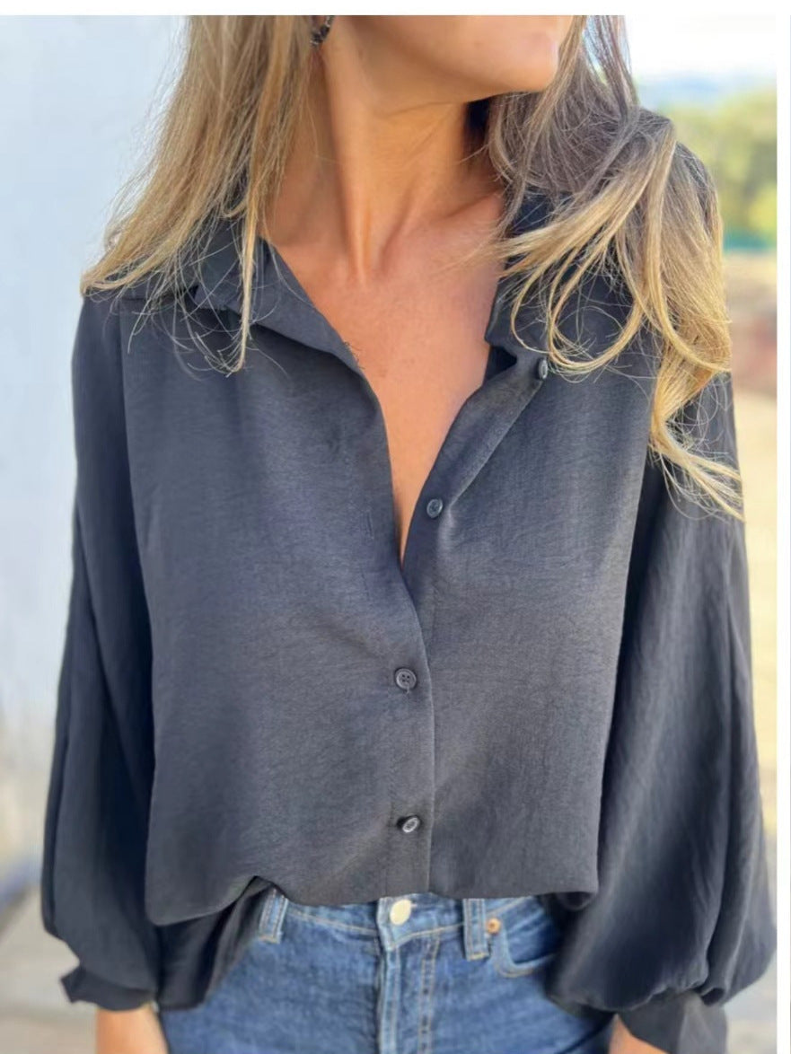 Women Fashion Casual Solid Color Lasel Long Sleeve Button Blouse