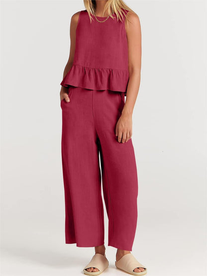 Summer Sleeveless Ruffled Blouse Wide Leg Pants Casual Women Set