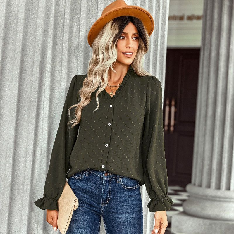 Women Elegant Solid Color V-Neck Fashion Casual Polka Dot Ruffled Blouse