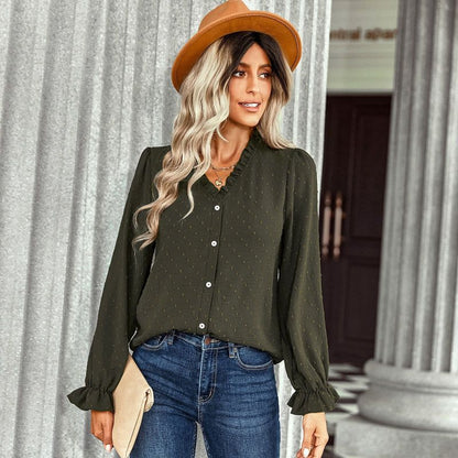 Women Elegant Solid Color V-Neck Fashion Casual Polka Dot Ruffled Blouse
