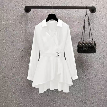 Large Size Women Casual Solid Color Long Sleeve V Neck Loose Shirt Blouse
