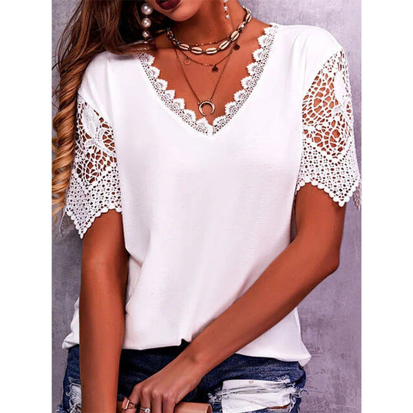Women Casual Solid Color Lace Patchwork Loose V-Neck Short-Sleeved Blouse