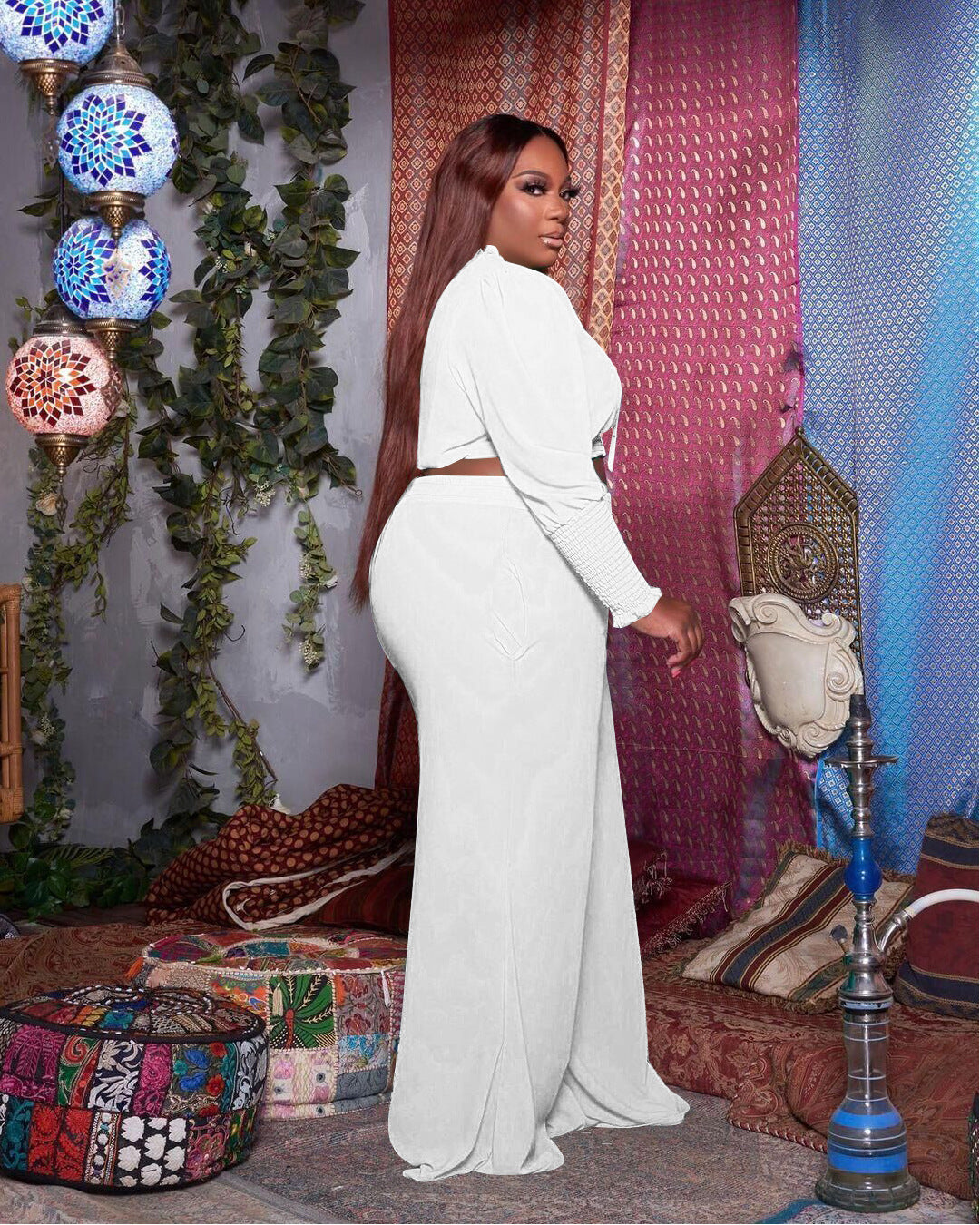 Women Plus Size Casual Solid Color Long Sleeve Crop Blouse Wide Leg Pants Two-Piece Set