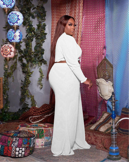Women Plus Size Casual Solid Color Long Sleeve Crop Blouse Wide Leg Pants Two-Piece Set