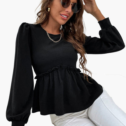 Women Sweet Edgy Loose Casual Long Puff Sleeves Ruffled Temperament Blouse