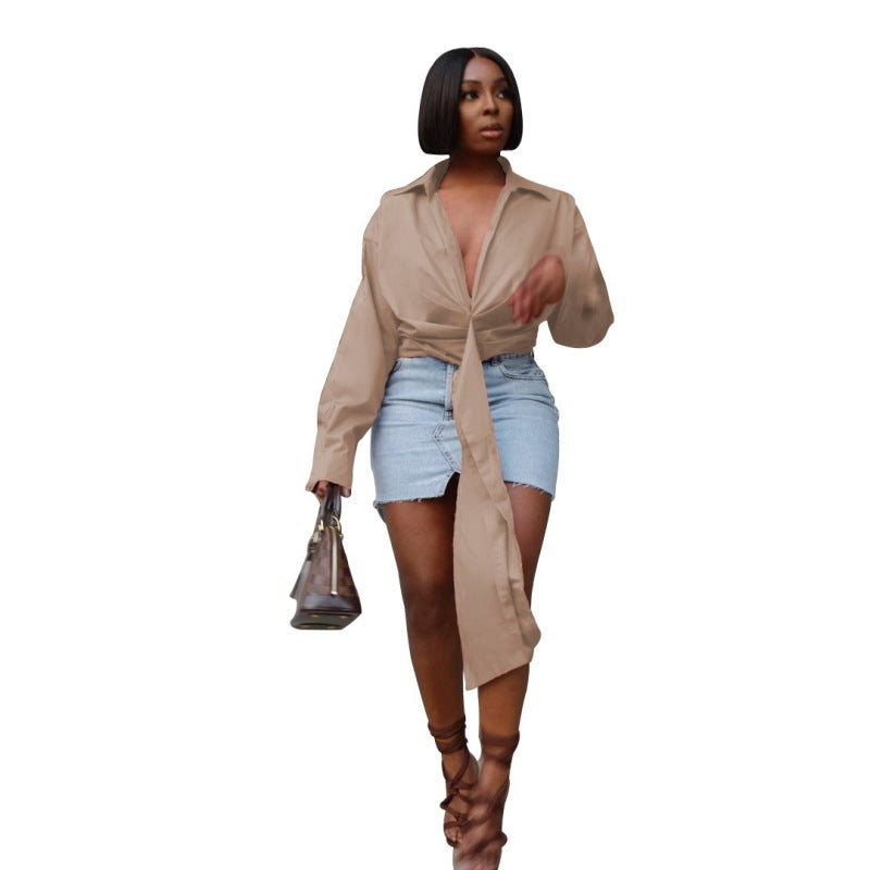 Women Fashion Solid Color Pleated Deep V-Zipper Casual Long Sleeve Blouse