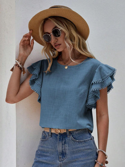 Women Casual Solid Color Round Neck Ruffle Blouses