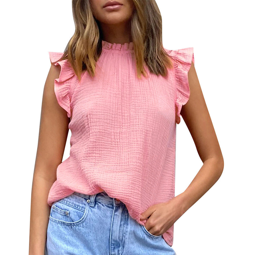Women Fashion Casual Chiffon Solid Color Stitching Ruffled Sleeveless Blouse