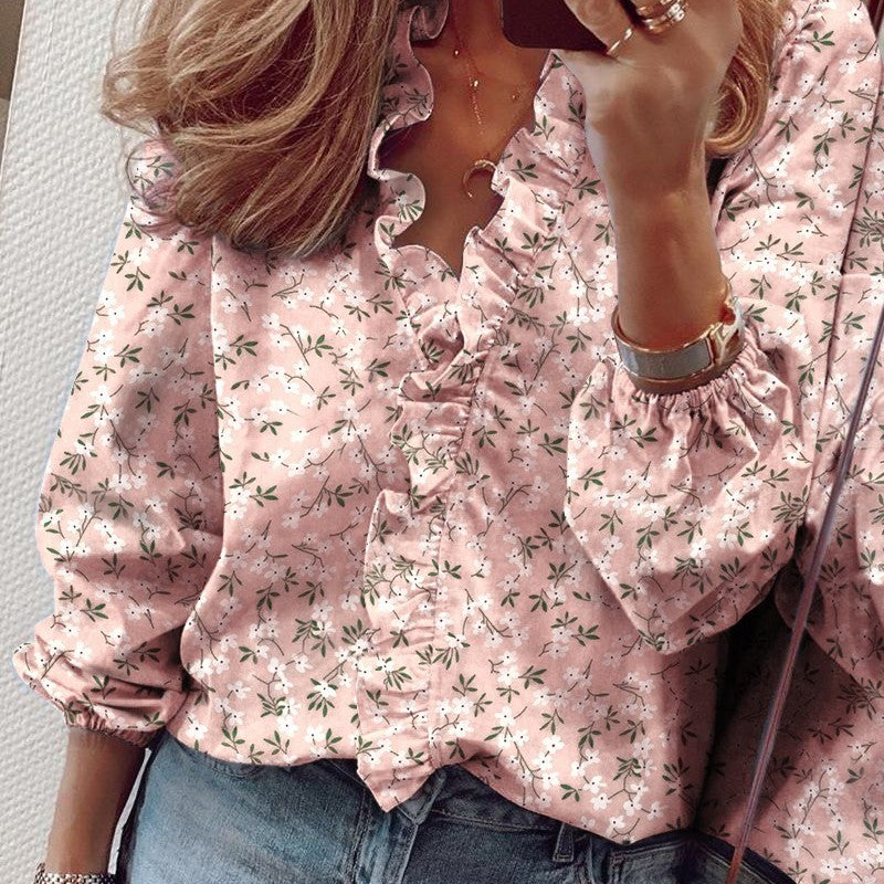 Women Casual V Neck Lantern Sleeve Ruffled Blouse