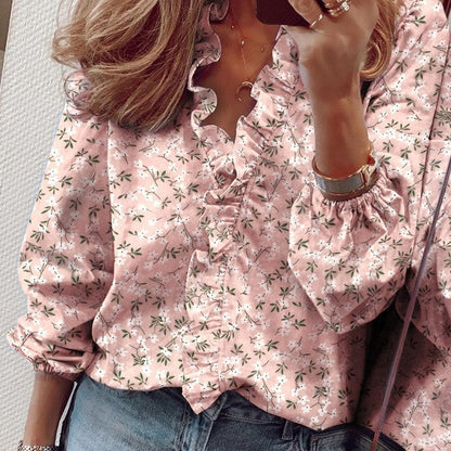 Women Casual V Neck Lantern Sleeve Ruffled Blouse