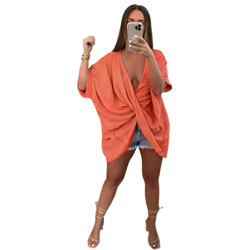 Women Casual Fashion Solid Color V Neck Knotted Blouse