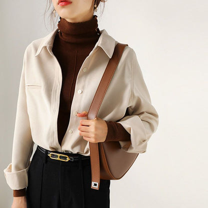 Women Fashion Casual Winter Long Sleeve Solid Thickened Corduroy Shirt Office Blouse