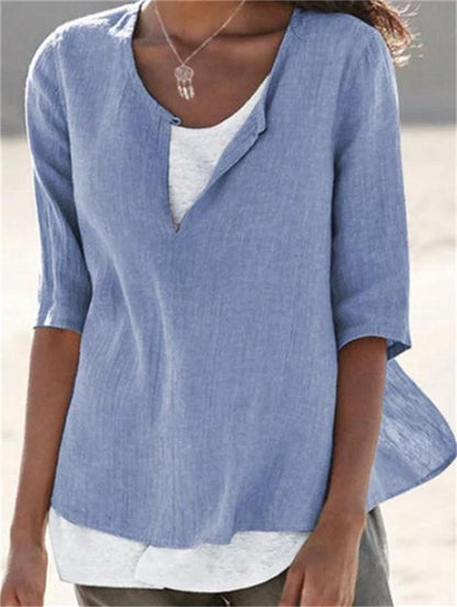 Women Casual V Neck Linen Solid Color Blouse