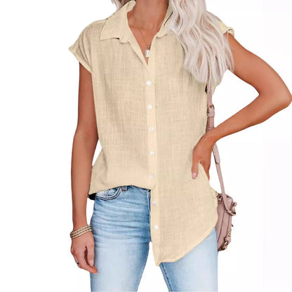 Women Casual Loose Solid Color Single-Breasted Lapel Sleeveless Blouse