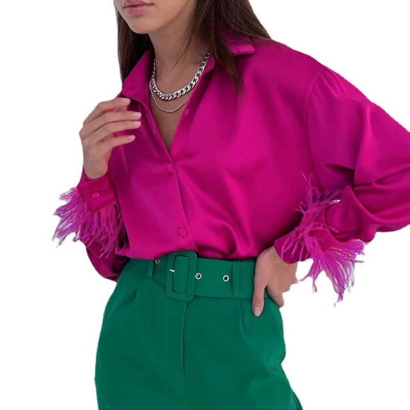 Women Fashion Casual Solid Color Ice Silk Feather Stitching Long Sleeve Lapel Single-Breasted Blouse