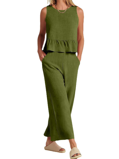 Summer Sleeveless Ruffled Blouse Wide Leg Pants Casual Women Set