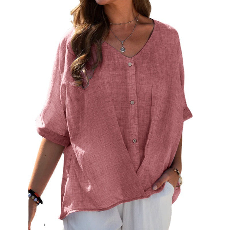 Women Casual Cotton And Linen Solid Color V-Neck Single-Breasted Blouses