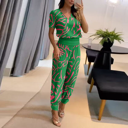 Women Fashion Casual V-Neck Color Blocking Printed Short-Sleeved V Neck Blouse Pants Two-Piece Set