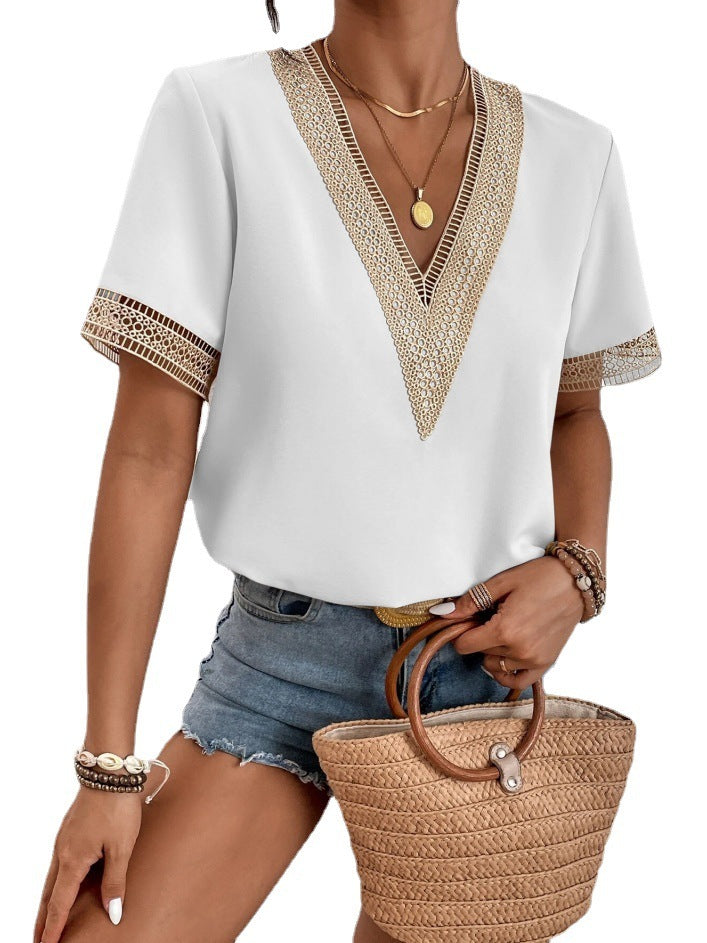 Women Casual V-Neck Lace Patchwork Loose Top Short-Sleeved Blouse