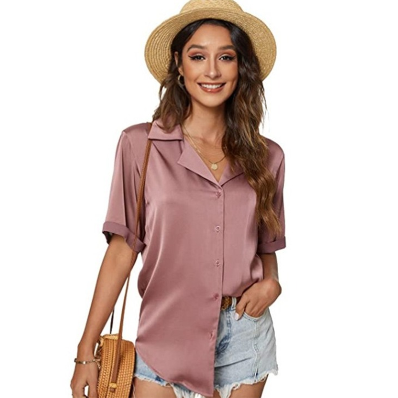 Women Elegant Office Basic Short Sleeve Satin Summer Solid Color Casual Single-breasted Loose Blouse
