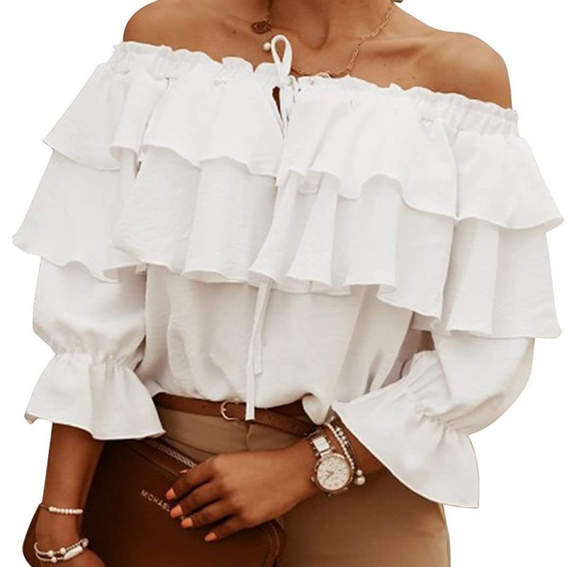 Women Elegant Solid Color Chiffon Off-the-shoulder Ruffled Casual Loose Blouse