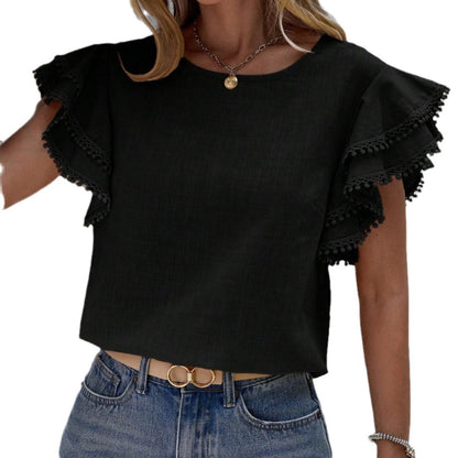 Women Casual Solid Color Round Neck Ruffle Blouses