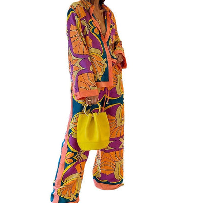 Women Fashion Casual Printing Long Sleeve Shirt Blouse Trousers Ethnic Style Suit