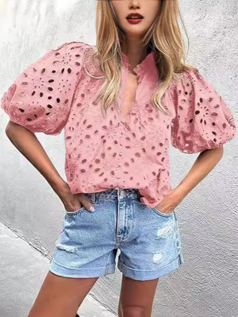 Women Summer Fashion Casual Lantern Sleeve V-Neck Button Hollow Lace Embroidered Blouse
