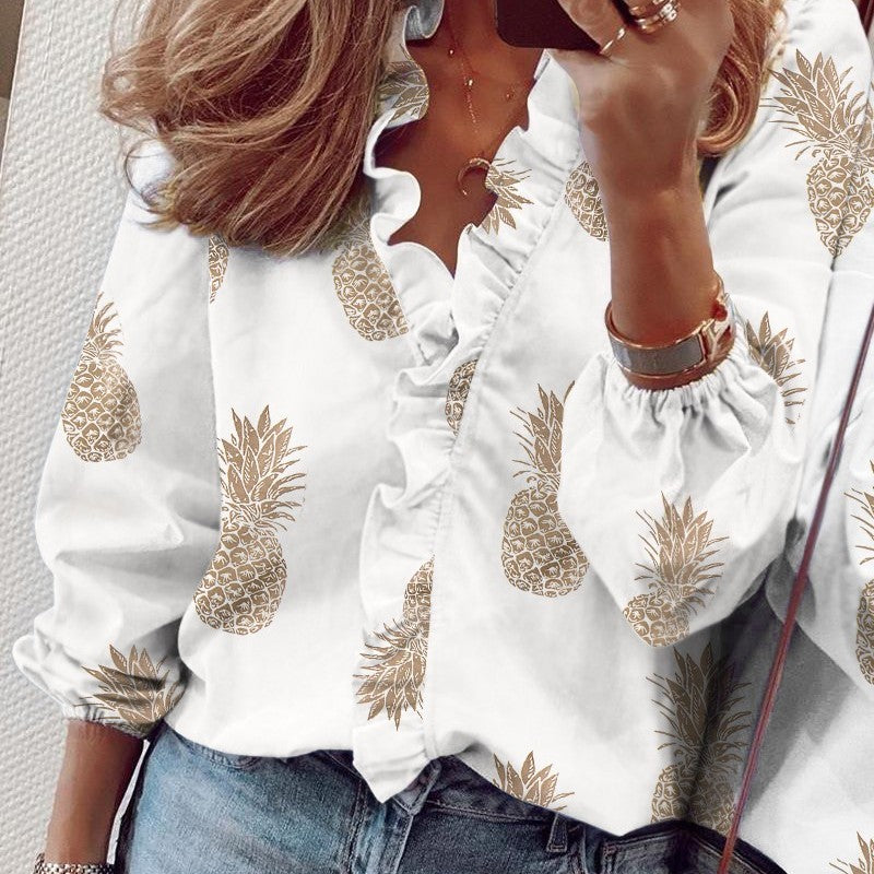 Women Casual V Neck Lantern Sleeve Ruffled Blouse
