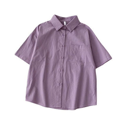 Casual Women Spring Summer Loose Fashion Short-Sleeve Solid Color Lapel Shirt Blouse