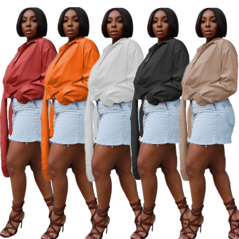 Women Fashion Solid Color Pleated Deep V-Zipper Casual Long Sleeve Blouse