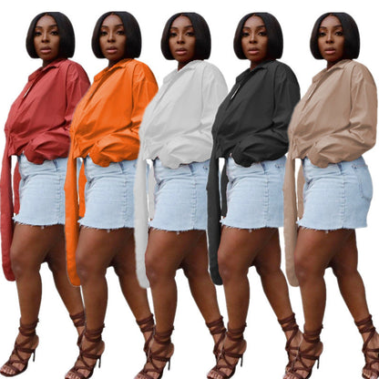 Women Fashion Solid Color Pleated Deep V-Zipper Casual Long Sleeve Blouse