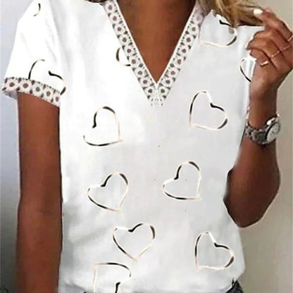 Women Casual Summer V-Neck Lace Feather Floral Printed Short-Sleeved Blouse