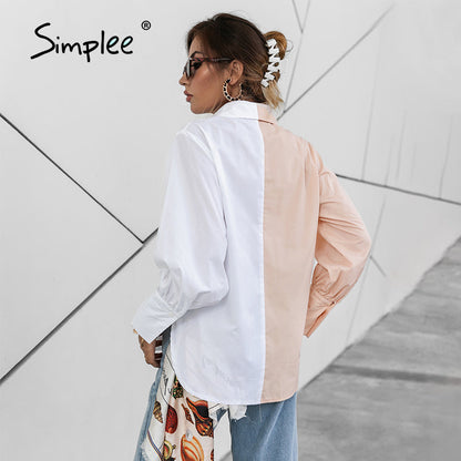 Women Work Casual Color Blocking Single-Breasted Long Puff Sleeves Blouse