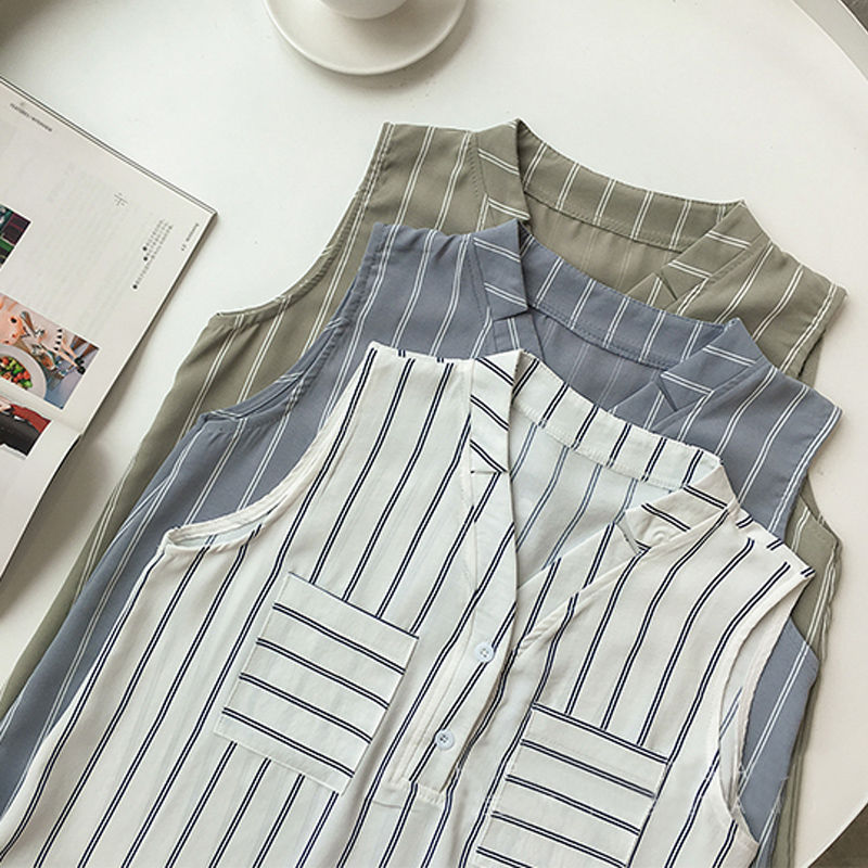 Women Casual Summer V Neck Striped Sleeveless Loose Chiffon Blouse