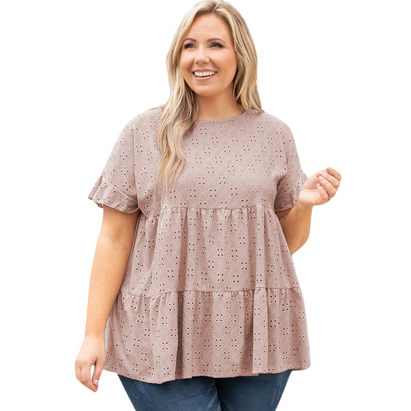 Plus Size Women Casual Solid Color Short-Sleeved T-Shirt Blouse