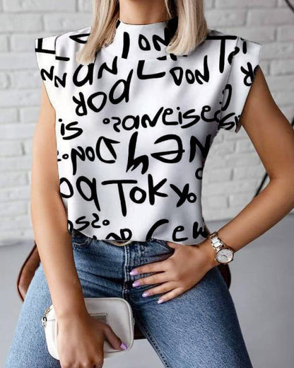 Women Casual Office Summer Letter Print Short Sleeves Blouse