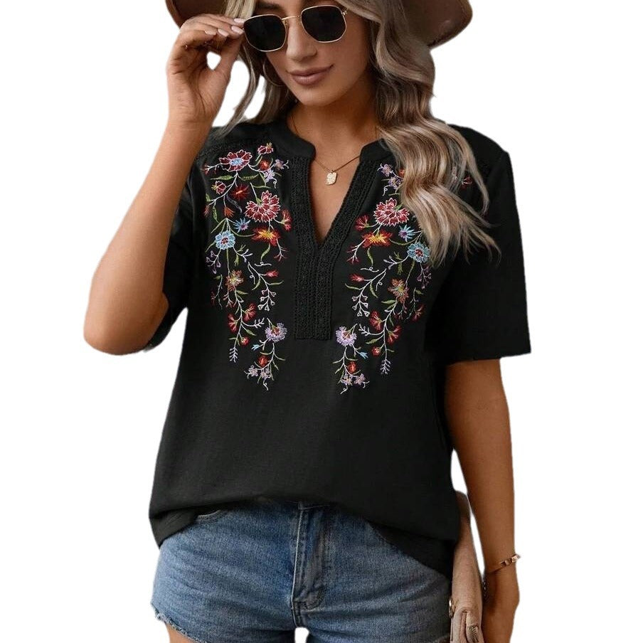 Women Casual Embroidery Lace Stitching Blouses