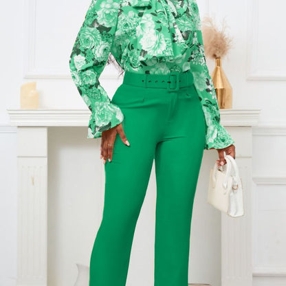 Women Fashion Casual Floral Printing Blouse Solid Color Pants Two-Piece Set