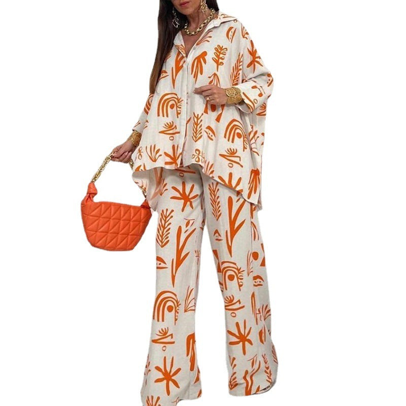 Women Printed Loose Casual Long Sleeve Shirt Blouse Top And Pants Two Piece Set