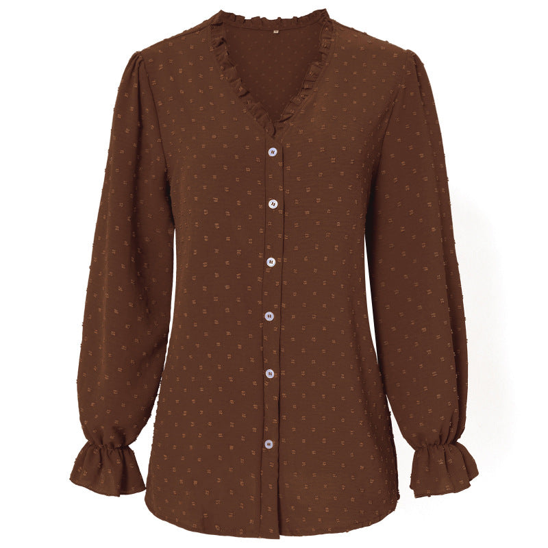 Women Elegant Solid Color V-Neck Fashion Casual Polka Dot Ruffled Blouse