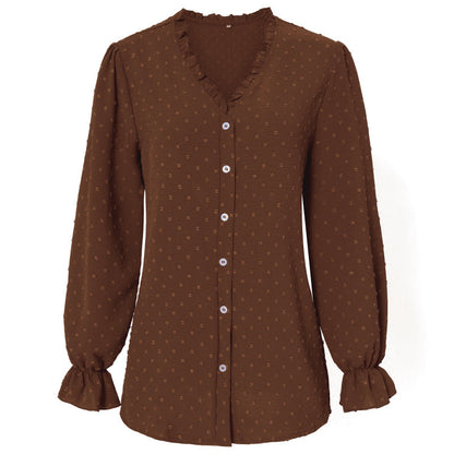 Women Elegant Solid Color V-Neck Fashion Casual Polka Dot Ruffled Blouse